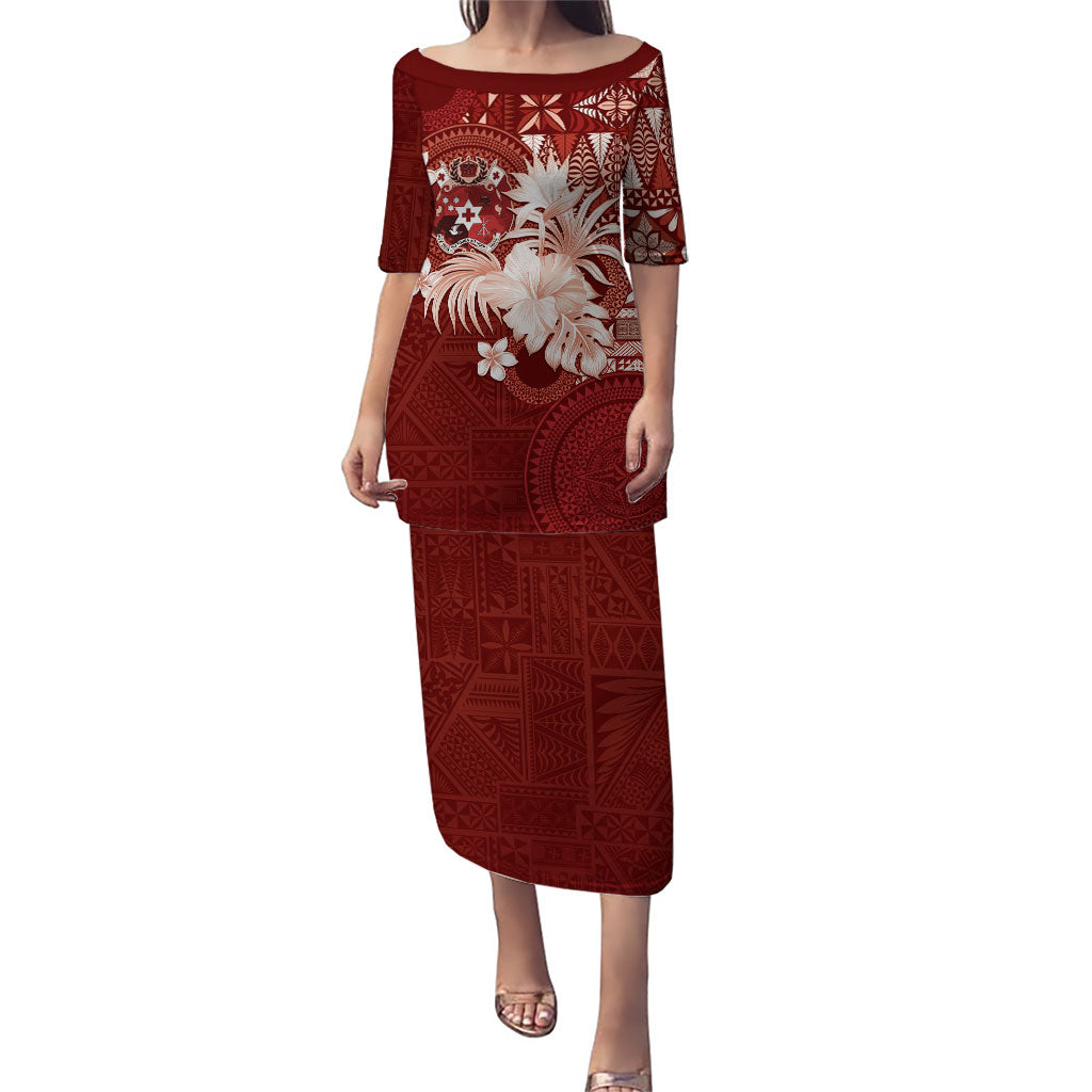 Tonga Ngatu Motifs Family Matching Puletasi and Hawaiian Shirt With Coat Of Arms Red