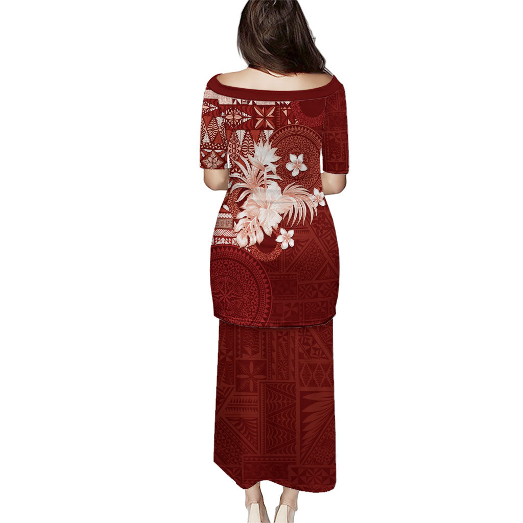 Tonga Ngatu Motifs Family Matching Puletasi and Hawaiian Shirt With Coat Of Arms Red