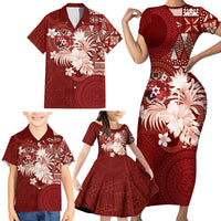 Tonga Ngatu Motifs Family Matching Short Sleeve Bodycon Dress and Hawaiian Shirt With Coat Of Arms Red