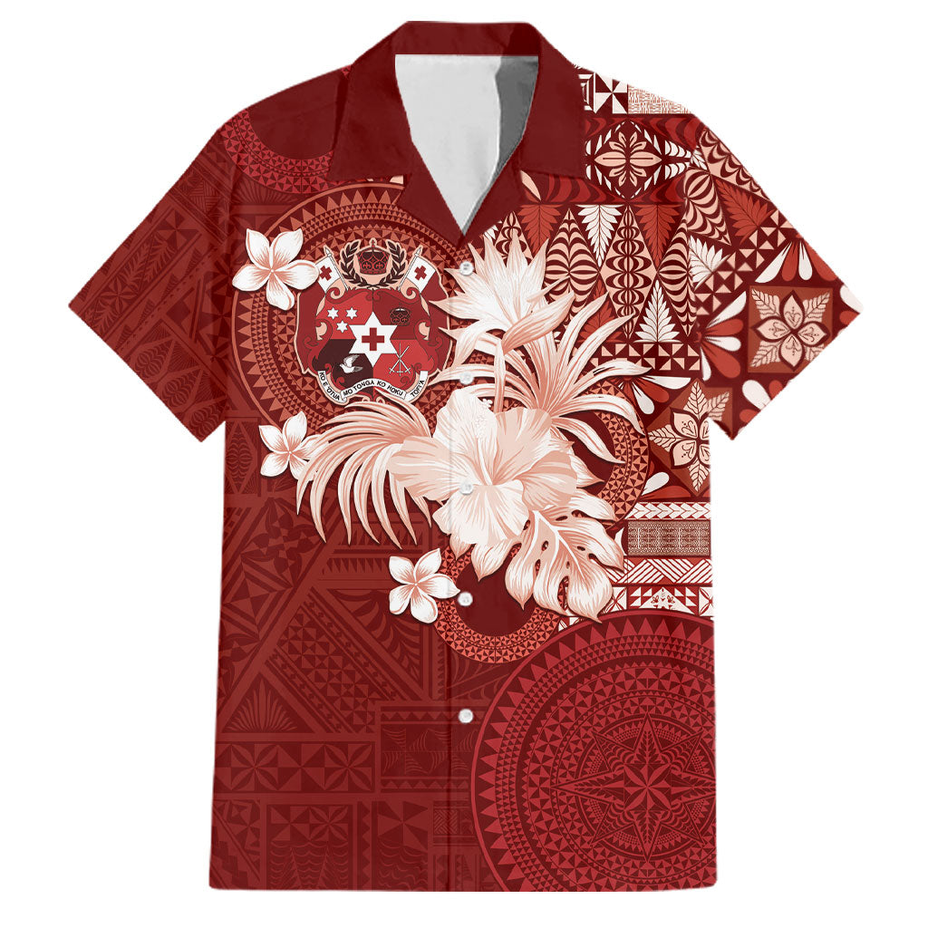 Tonga Ngatu Motifs Family Matching Short Sleeve Bodycon Dress and Hawaiian Shirt With Coat Of Arms Red