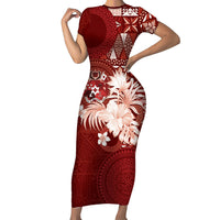 Tonga Ngatu Motifs Family Matching Short Sleeve Bodycon Dress and Hawaiian Shirt With Coat Of Arms Red