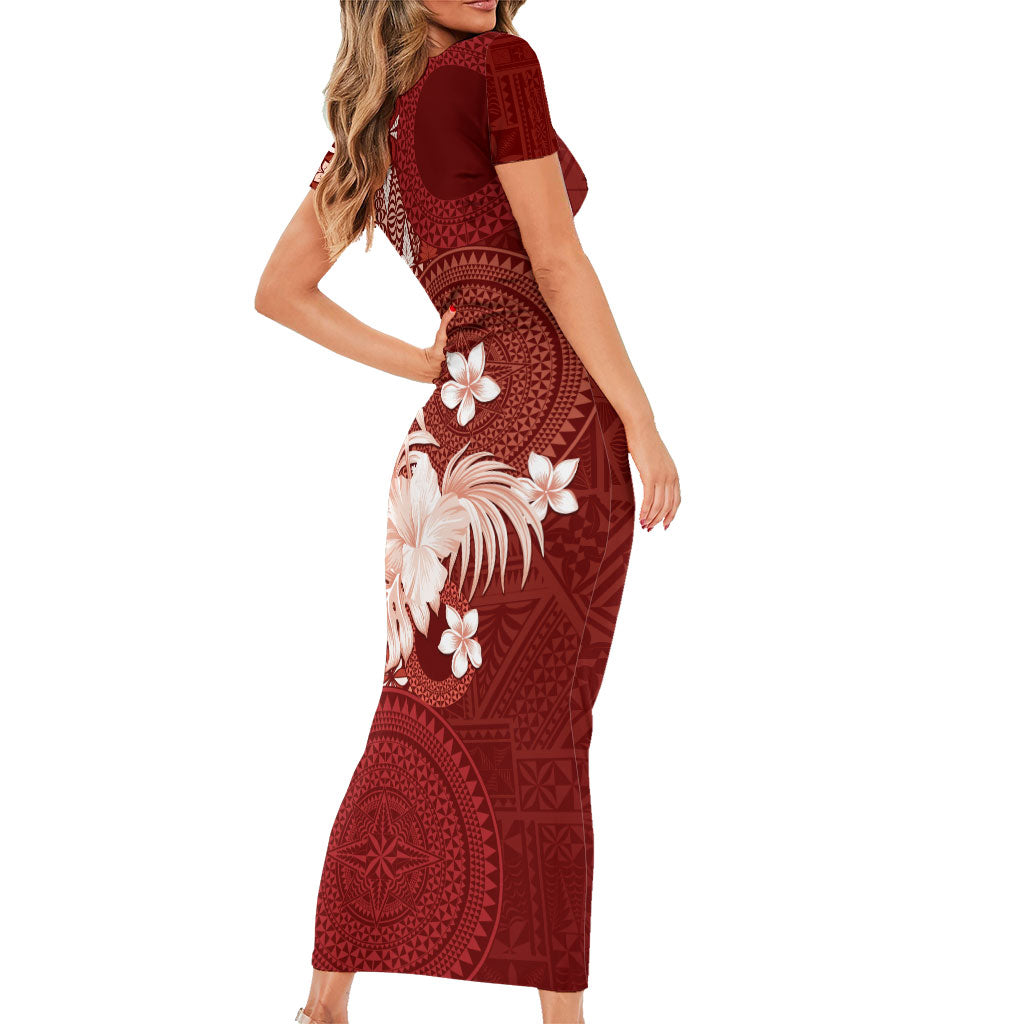 Tonga Ngatu Motifs Family Matching Short Sleeve Bodycon Dress and Hawaiian Shirt With Coat Of Arms Red
