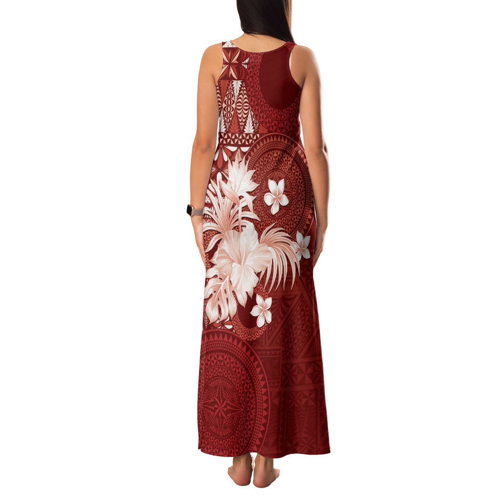 Tonga Ngatu Motifs Family Matching Tank Maxi Dress and Hawaiian Shirt With Coat Of Arms Red
