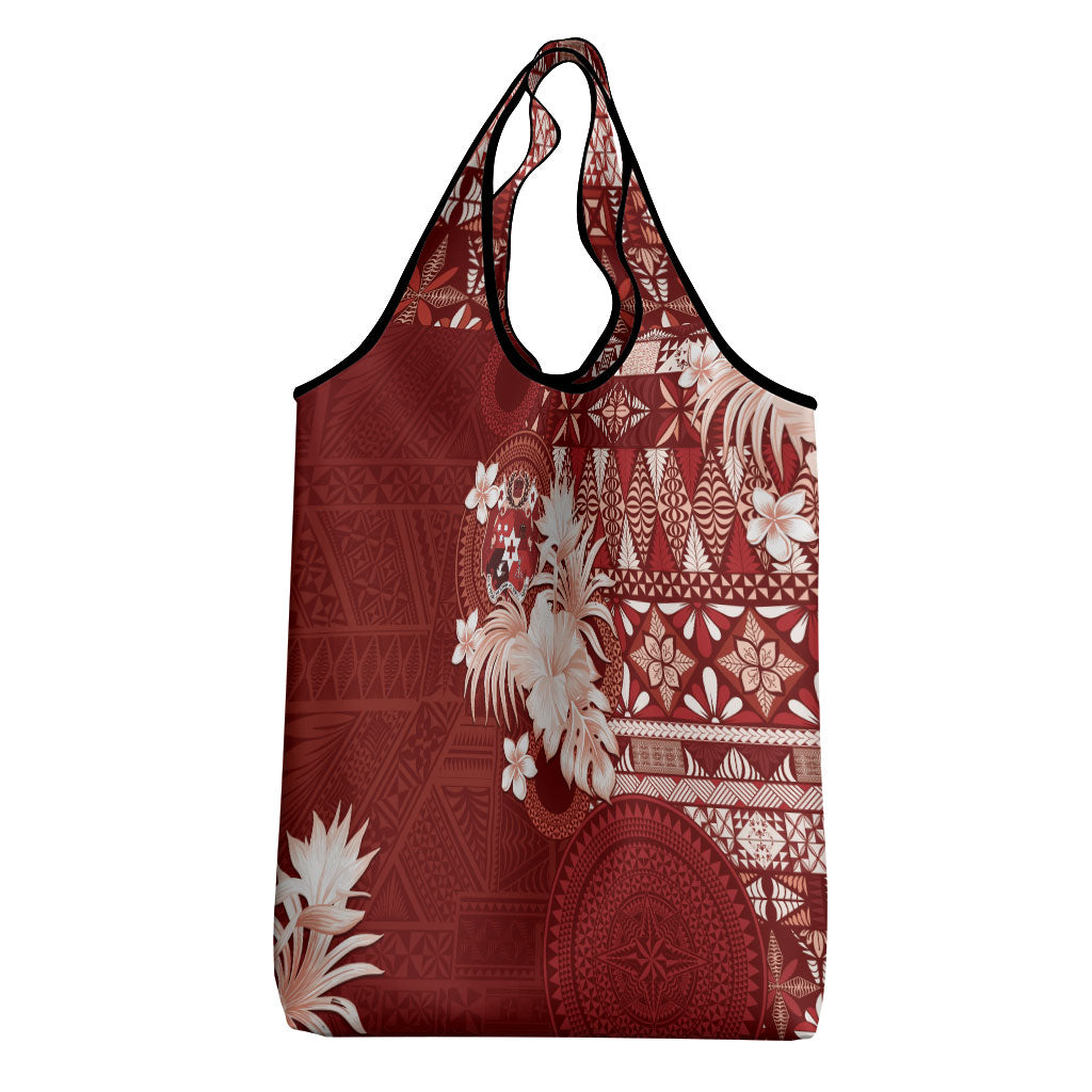Tonga Ngatu Motifs Grocery Bag With Coat Of Arms Red LT05 - Polynesian Pride
