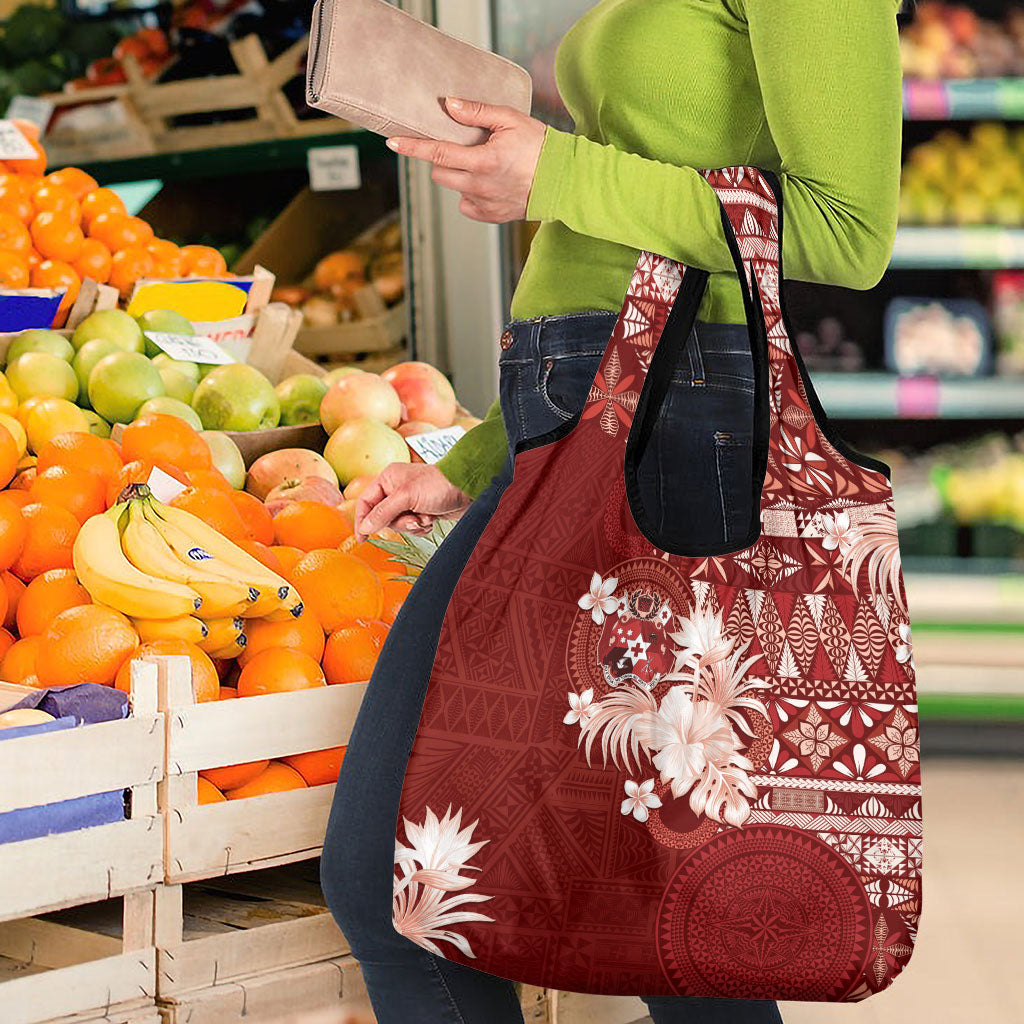 Tonga Ngatu Motifs Grocery Bag With Coat Of Arms Red LT05 - Polynesian Pride