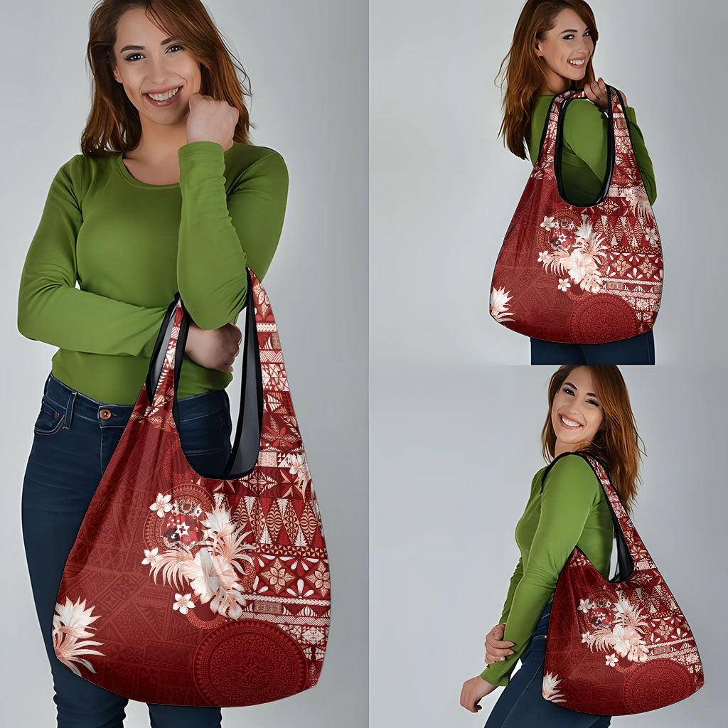 Tonga Ngatu Motifs Grocery Bag With Coat Of Arms Red LT05 - Polynesian Pride