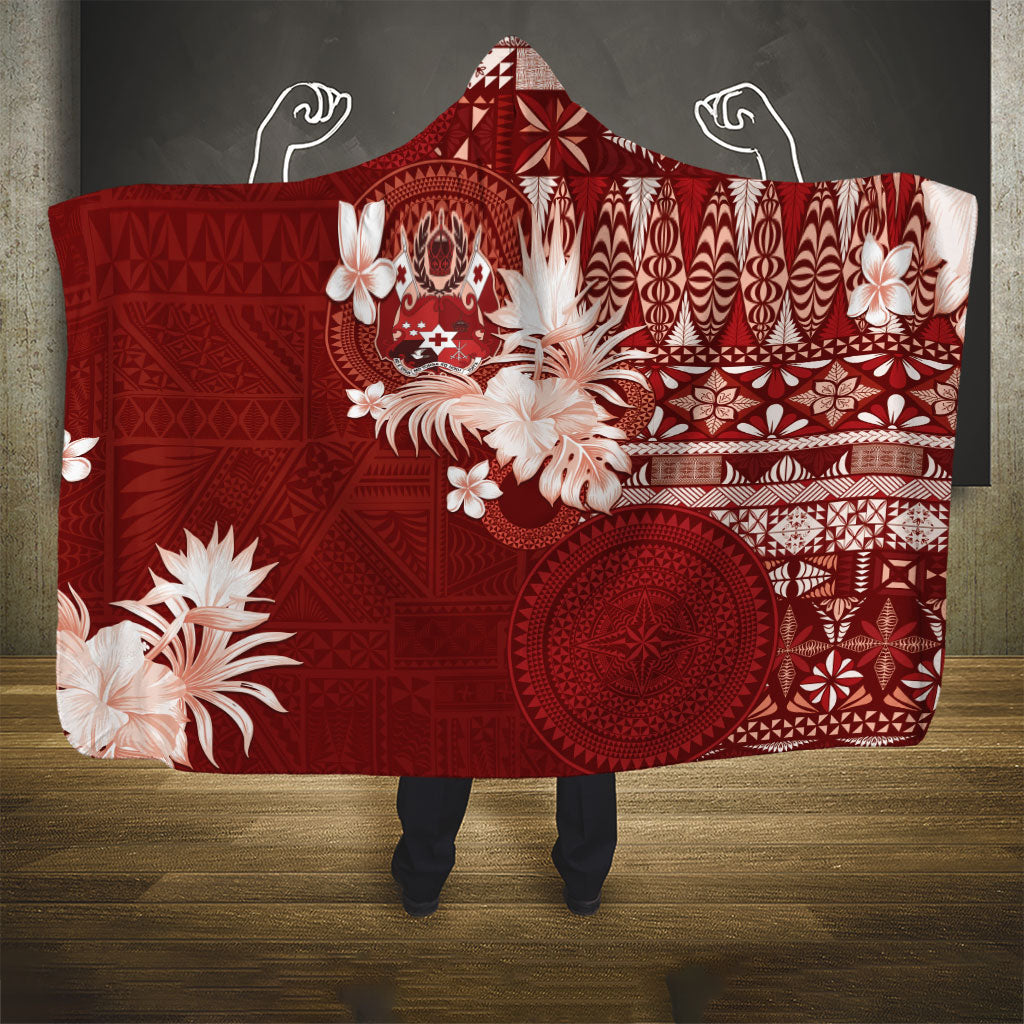 Tonga Ngatu Motifs Hooded Blanket With Coat Of Arms Red LT05 - Polynesian Pride