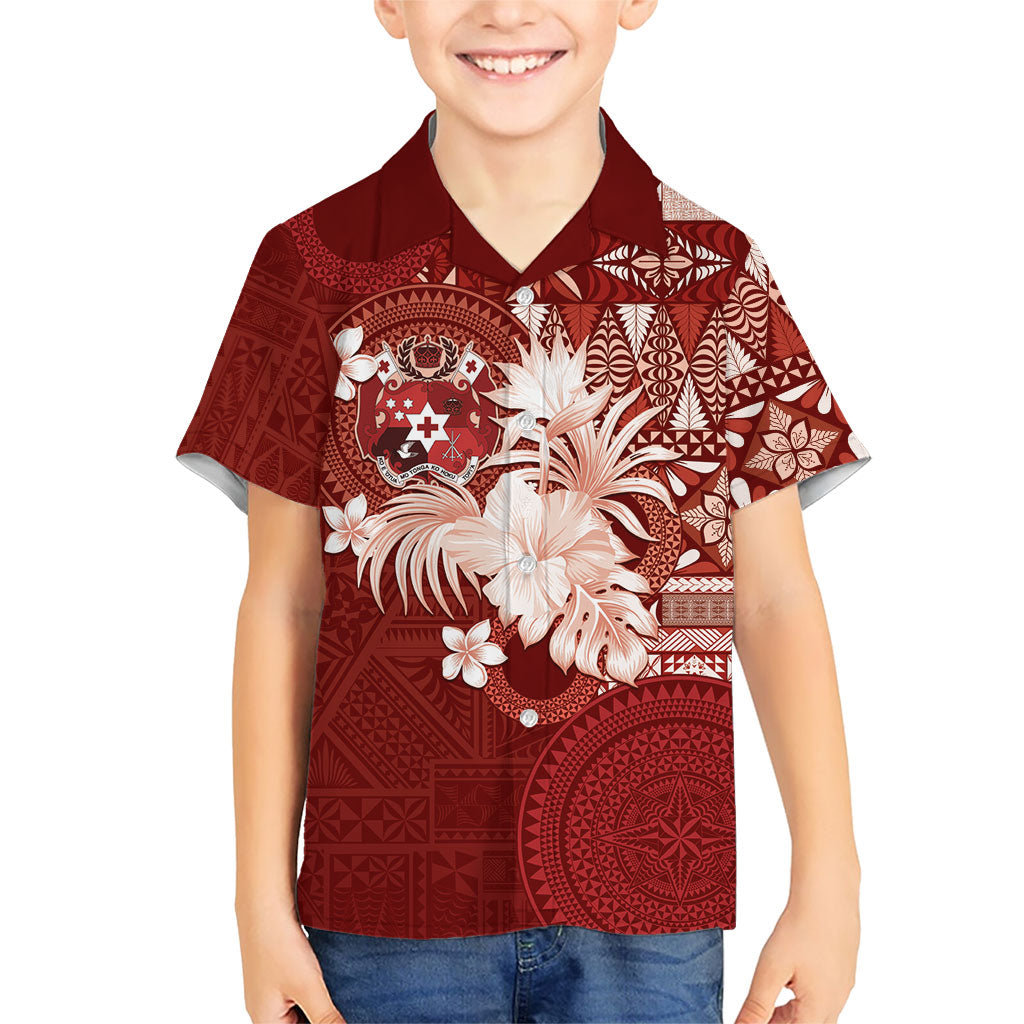 Tonga Ngatu Motifs Kid Hawaiian Shirt With Coat Of Arms Red