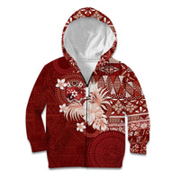 Tonga Ngatu Motifs Kid Hoodie With Coat Of Arms Red LT05 Zip Hoodie Red - Polynesian Pride