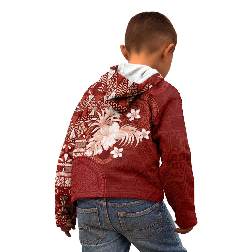 Tonga Ngatu Motifs Kid Hoodie With Coat Of Arms Red LT05 - Polynesian Pride