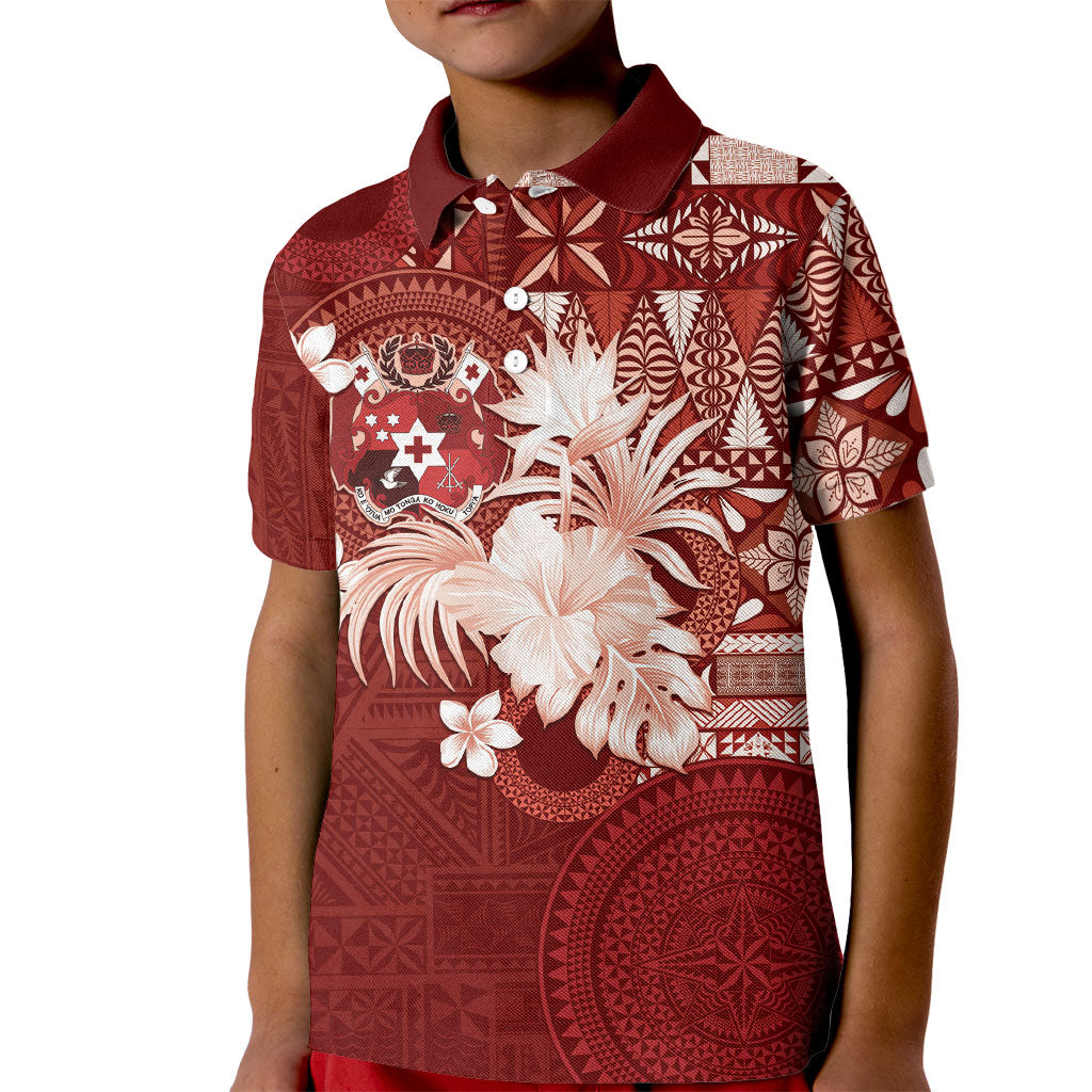 Tonga Ngatu Motifs Kid Polo Shirt With Coat Of Arms Red LT05 Kid Red - Polynesian Pride