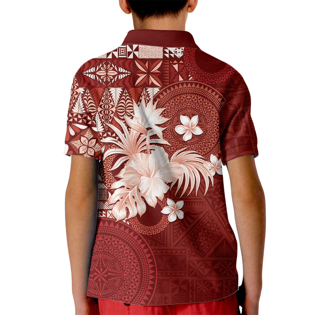 Tonga Ngatu Motifs Kid Polo Shirt With Coat Of Arms Red LT05 - Polynesian Pride