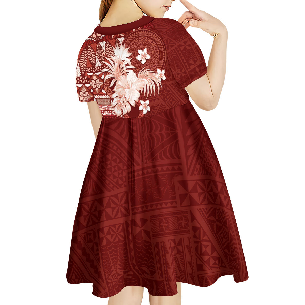 Tonga Ngatu Motifs Kid Short Sleeve Dress With Coat Of Arms Red LT05 - Polynesian Pride