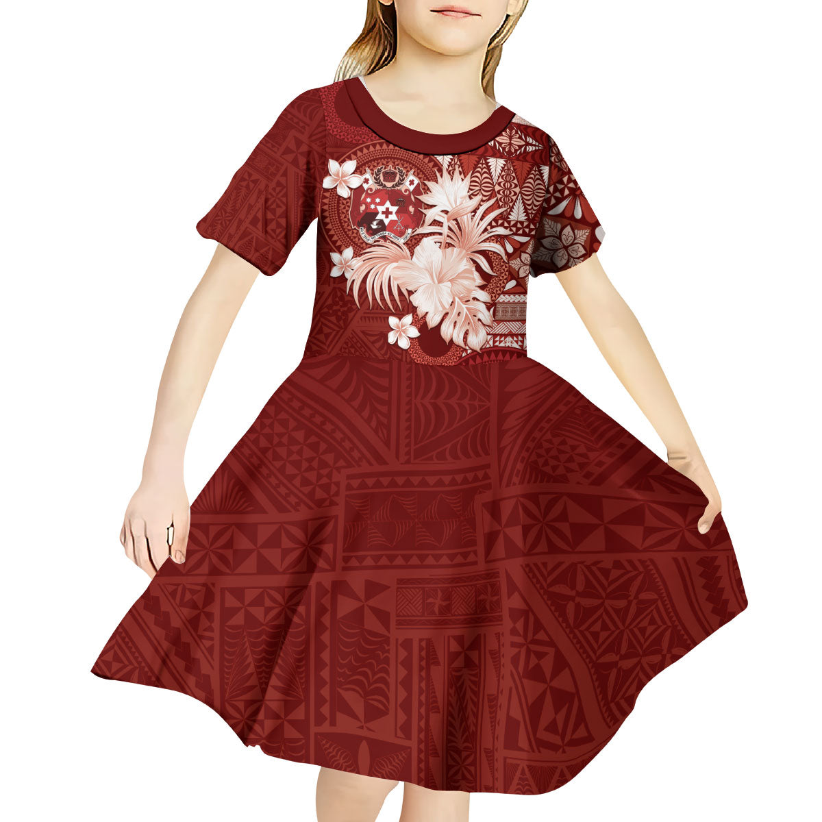 Tonga Ngatu Motifs Kid Short Sleeve Dress With Coat Of Arms Red LT05 - Polynesian Pride