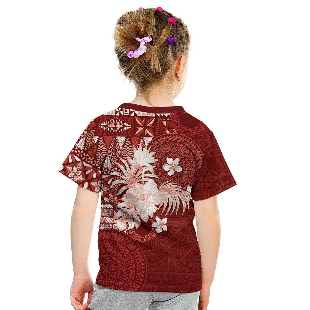 Tonga Ngatu Motifs Kid T Shirt With Coat Of Arms Red LT05 - Polynesian Pride