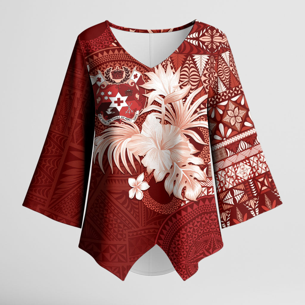 Tonga Ngatu Motifs Kimono Sleeve Blouse With Coat Of Arms Red LT05 Female Red - Polynesian Pride