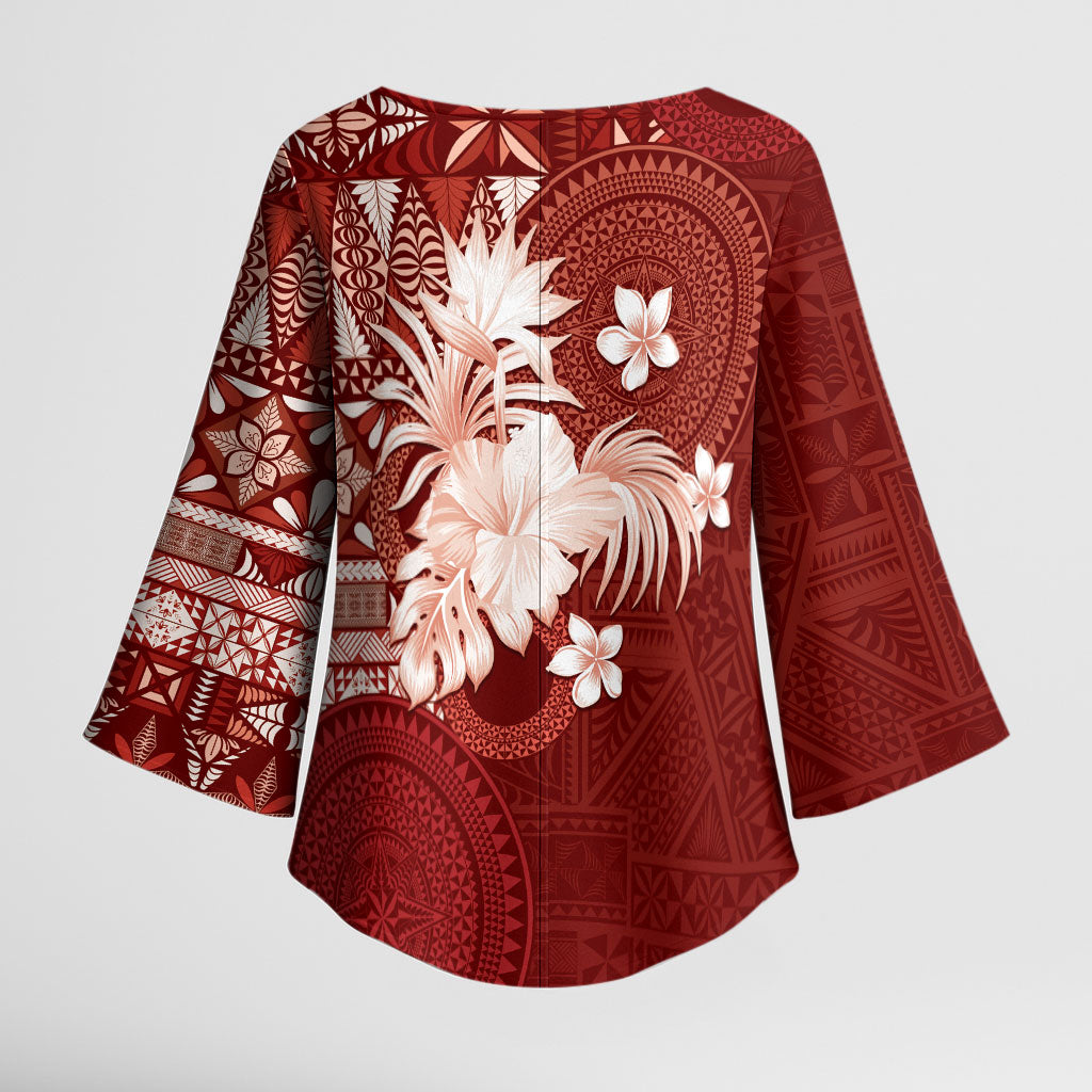 Tonga Ngatu Motifs Kimono Sleeve Blouse With Coat Of Arms Red LT05 - Polynesian Pride