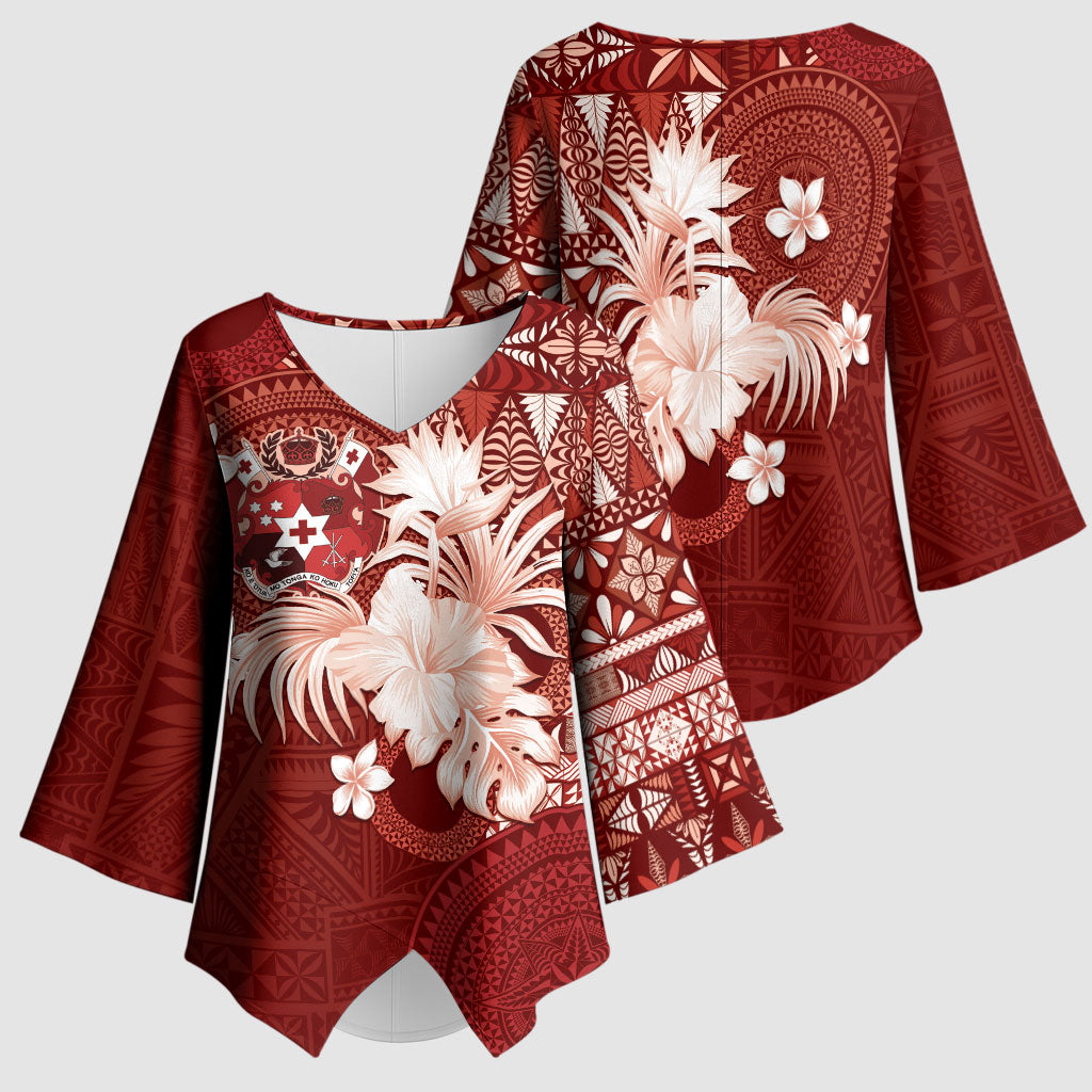 Tonga Ngatu Motifs Kimono Sleeve Blouse With Coat Of Arms Red LT05 - Polynesian Pride