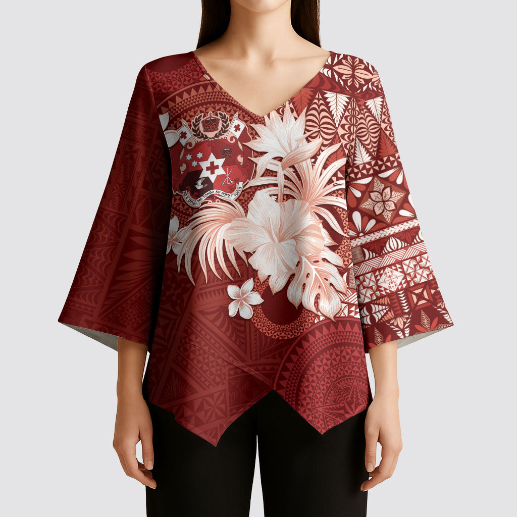 Tonga Ngatu Motifs Kimono Sleeve Blouse With Coat Of Arms Red LT05 - Polynesian Pride
