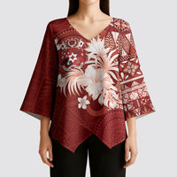 Tonga Ngatu Motifs Kimono Sleeve Blouse With Coat Of Arms Red LT05 - Polynesian Pride