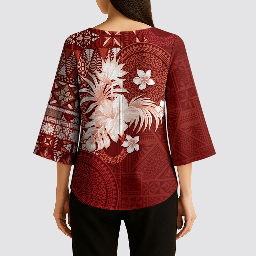 Tonga Ngatu Motifs Kimono Sleeve Blouse With Coat Of Arms Red LT05 - Polynesian Pride