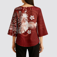 Tonga Ngatu Motifs Kimono Sleeve Blouse With Coat Of Arms Red LT05 - Polynesian Pride