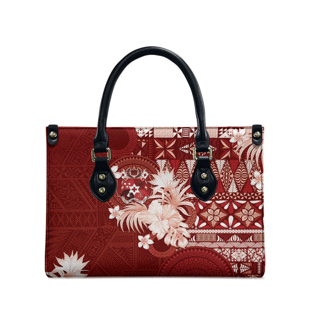 Tonga Ngatu Motifs Leather Bag With Coat Of Arms Red LT05 - Polynesian Pride