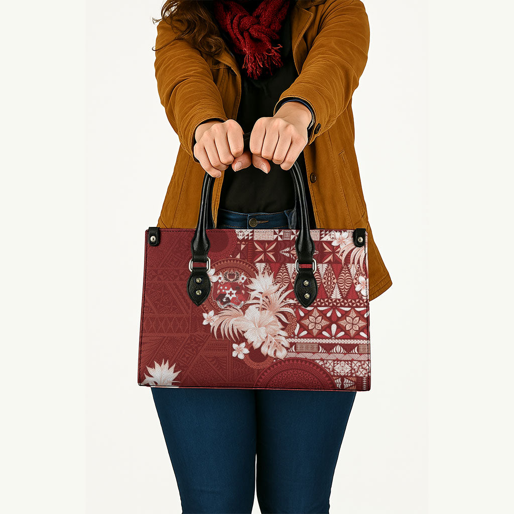 Tonga Ngatu Motifs Leather Bag With Coat Of Arms Red LT05 - Polynesian Pride