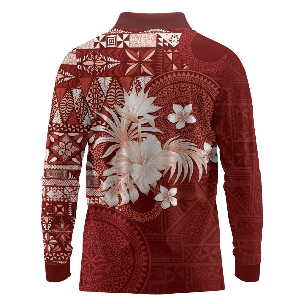 Tonga Ngatu Motifs Long Sleeve Polo Shirt With Coat Of Arms Red LT05 - Polynesian Pride