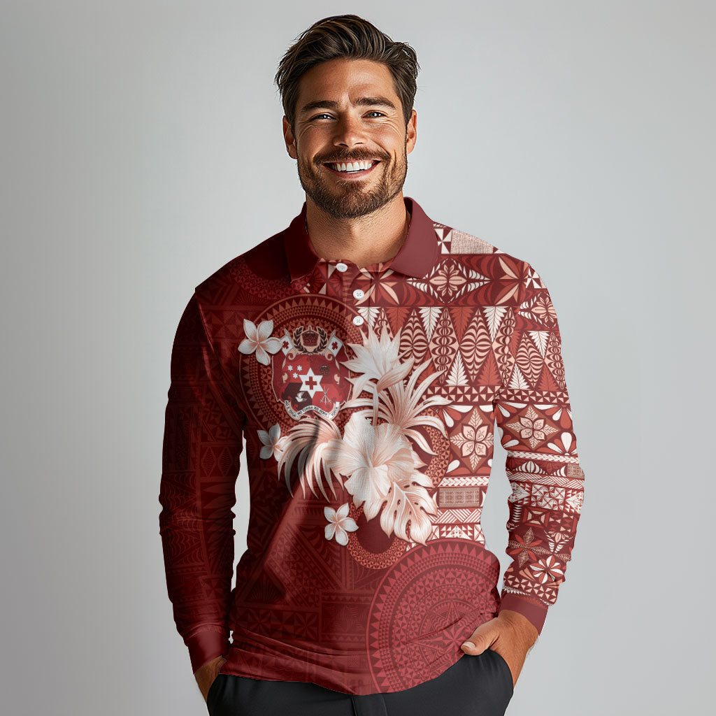 Tonga Ngatu Motifs Long Sleeve Polo Shirt With Coat Of Arms Red LT05 - Polynesian Pride