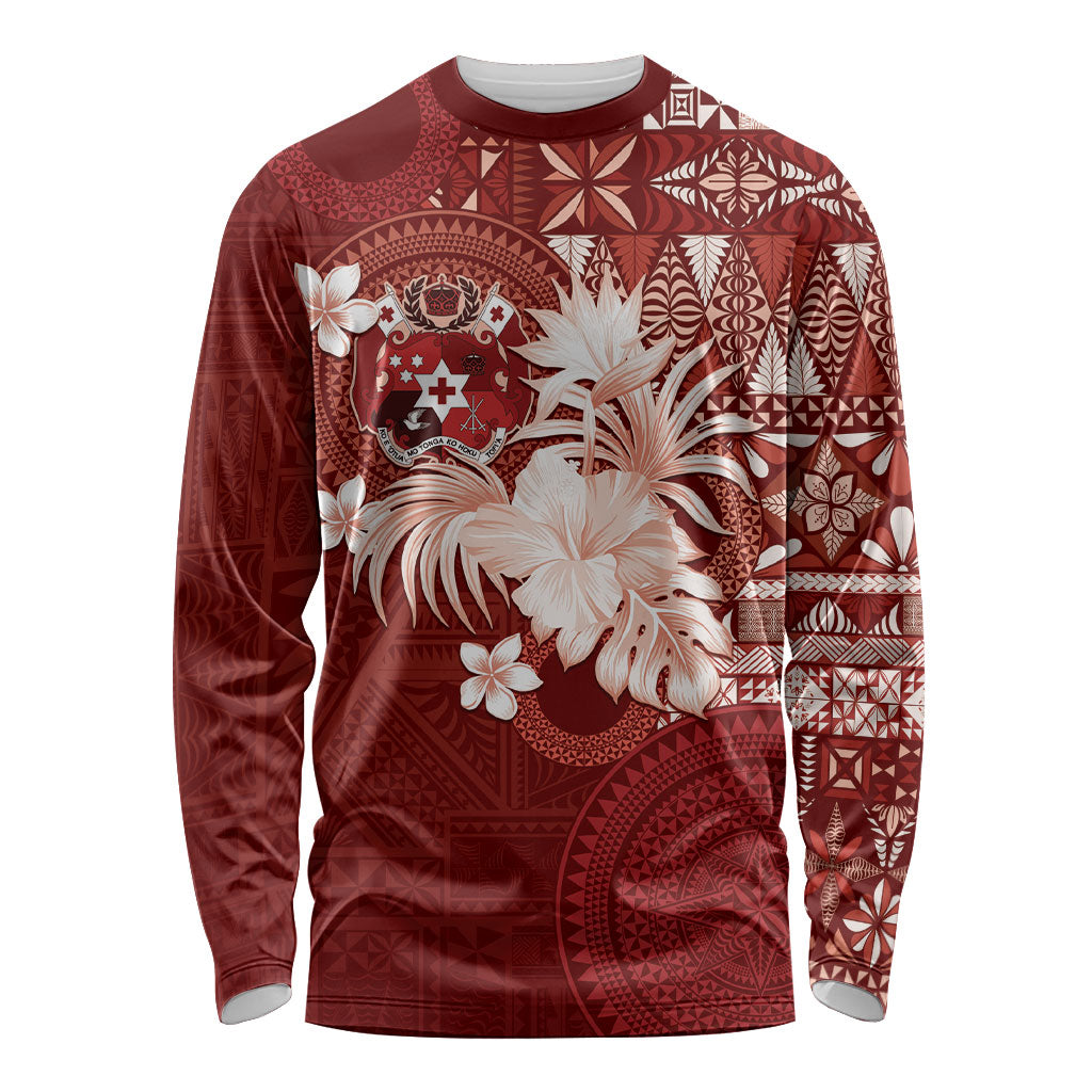 Tonga Ngatu Motifs Long Sleeve Shirt With Coat Of Arms Red LT05 Unisex Red - Polynesian Pride