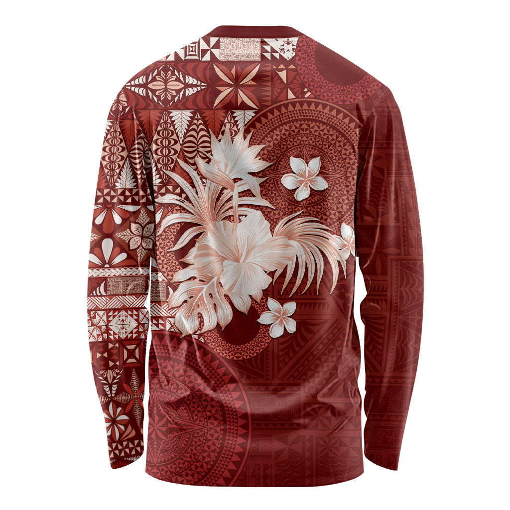 Tonga Ngatu Motifs Long Sleeve Shirt With Coat Of Arms Red LT05 - Polynesian Pride