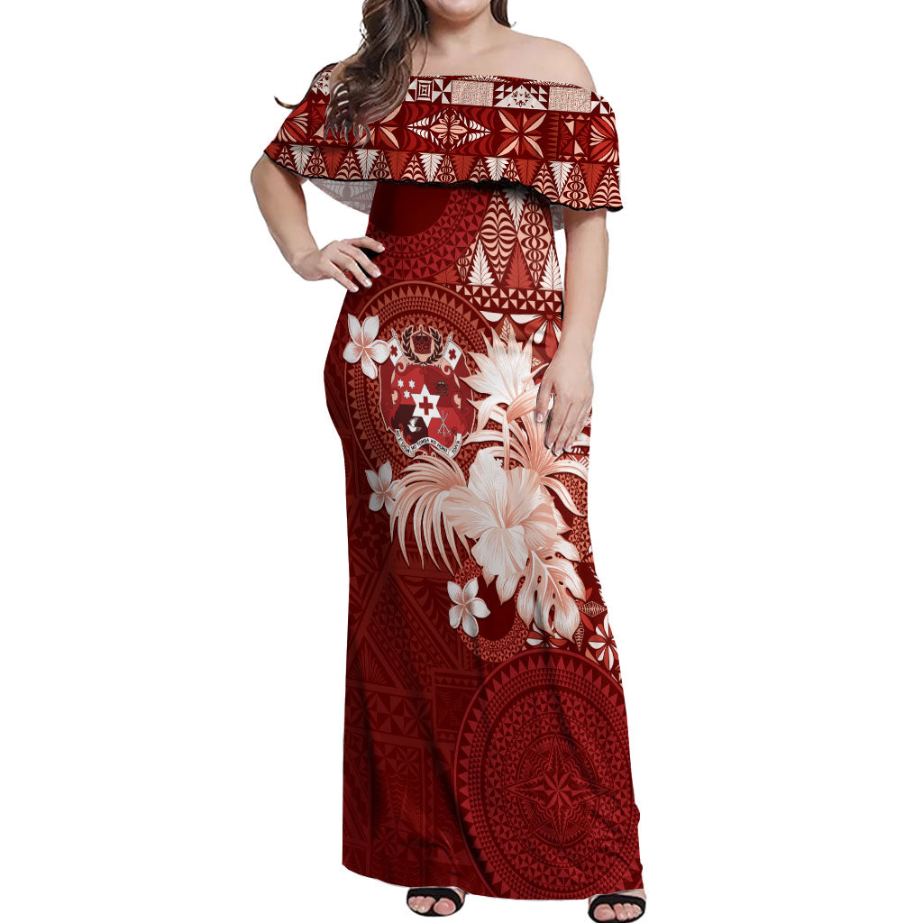 Tonga Ngatu Motifs Off Shoulder Maxi Dress With Coat Of Arms Red LT05 Women Red - Polynesian Pride