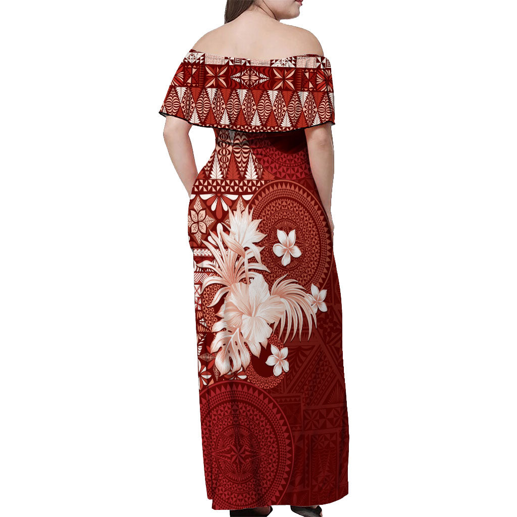 Tonga Ngatu Motifs Off Shoulder Maxi Dress With Coat Of Arms Red LT05 - Polynesian Pride