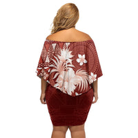 Tonga Ngatu Motifs Off Shoulder Short Dress With Coat Of Arms Red LT05 - Polynesian Pride