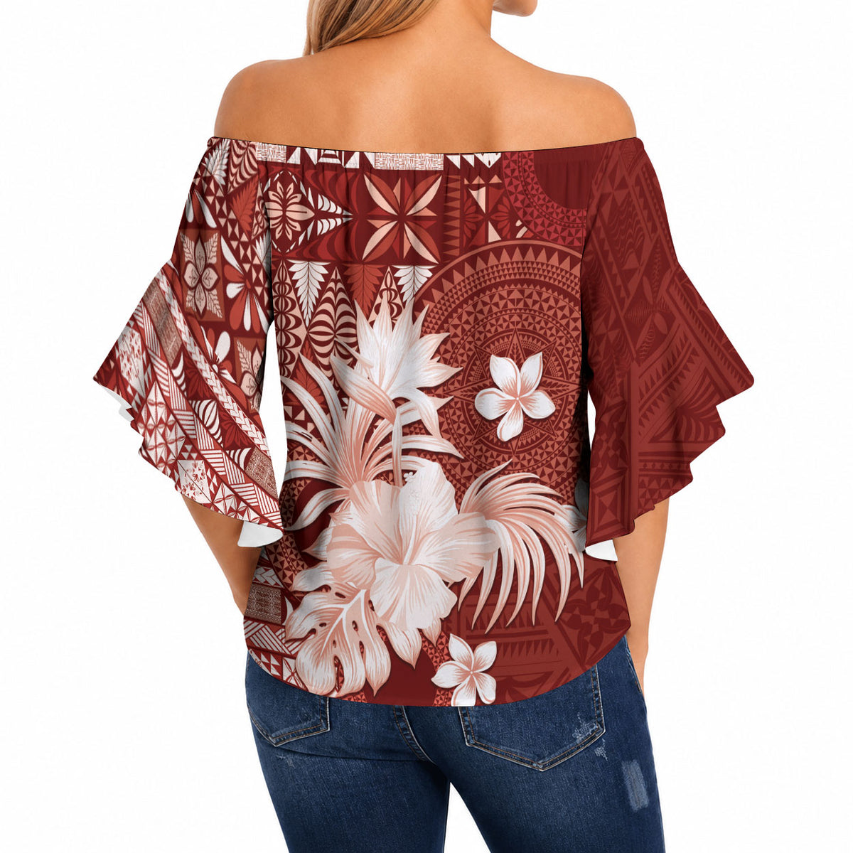 Tonga Ngatu Motifs Off Shoulder Wrap Waist Top With Coat Of Arms Red LT05 - Polynesian Pride