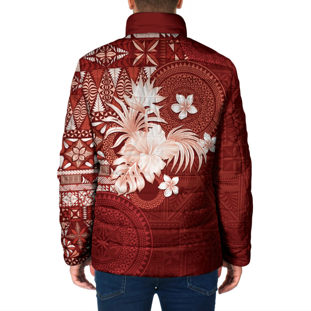 Tonga Ngatu Motifs Padded Jacket With Coat Of Arms Red