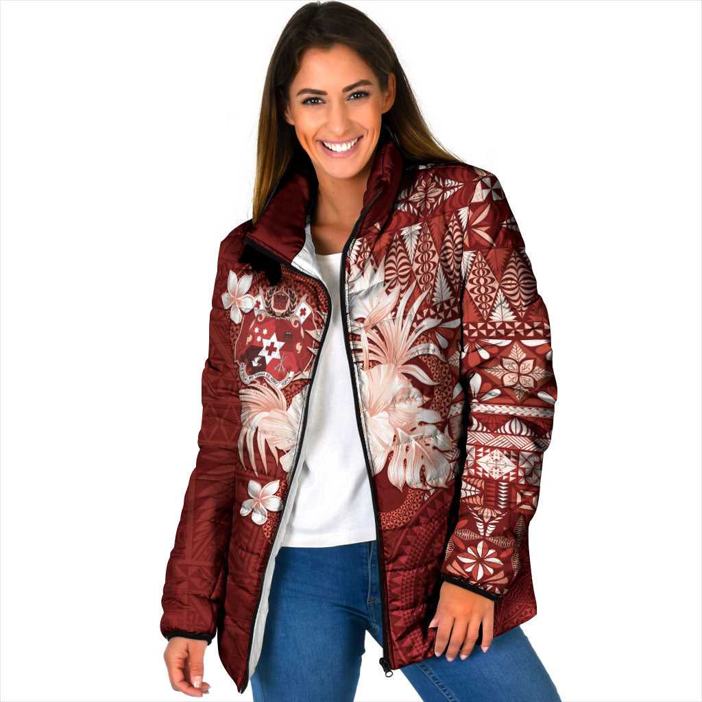 Tonga Ngatu Motifs Padded Jacket With Coat Of Arms Red