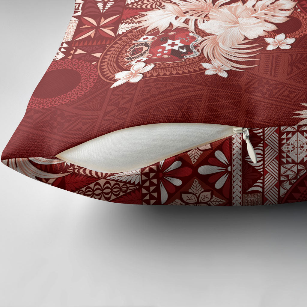 Tonga Ngatu Motifs Pillow Cover With Coat Of Arms Red LT05 - Polynesian Pride