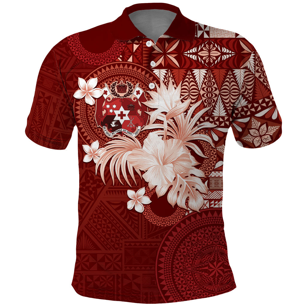 Tonga Ngatu Motifs Polo Shirt With Coat Of Arms Red LT05 Red - Polynesian Pride