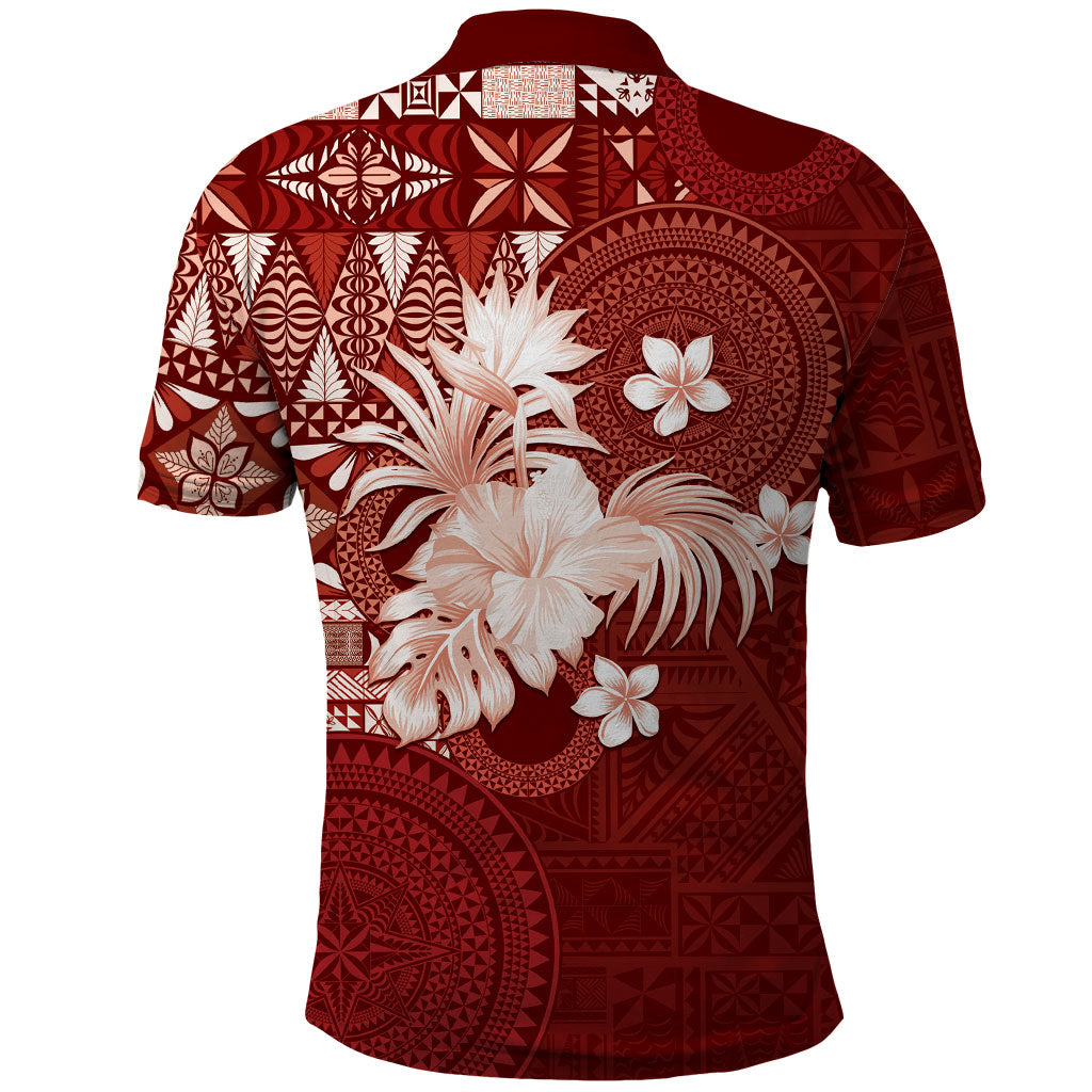 Tonga Ngatu Motifs Polo Shirt With Coat Of Arms Red LT05 - Polynesian Pride