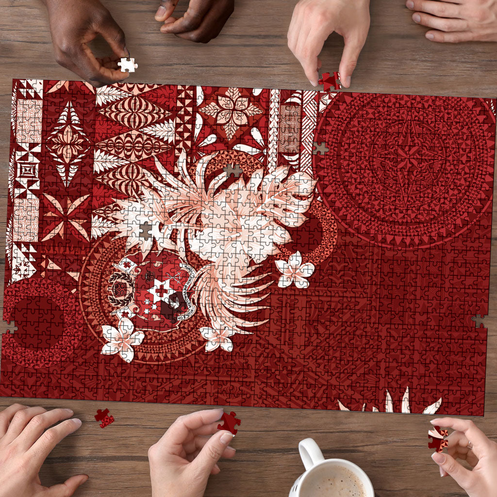 Tonga Ngatu Motifs Puzzle With Coat Of Arms Red LT05 - Polynesian Pride