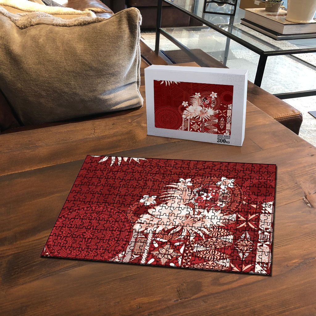 Tonga Ngatu Motifs Puzzle With Coat Of Arms Red LT05 - Polynesian Pride