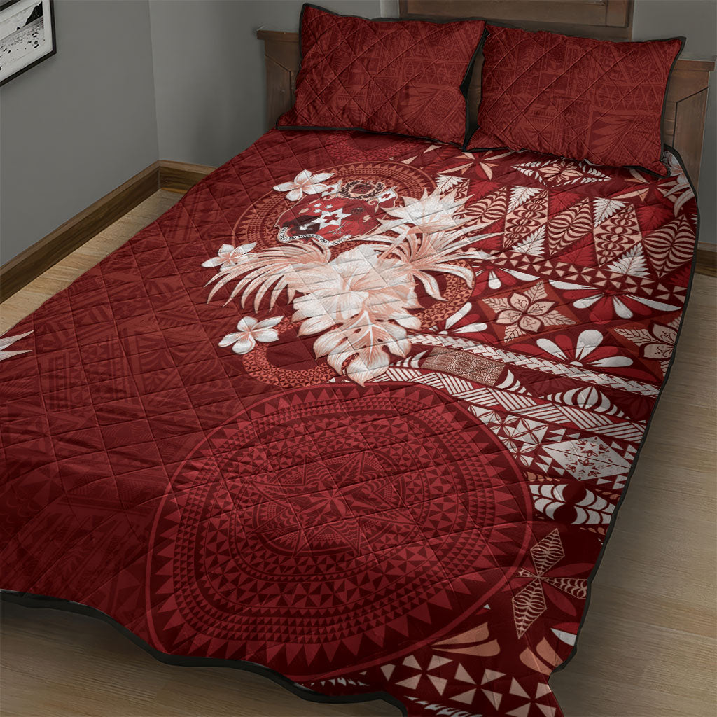 Tonga Ngatu Motifs Quilt Bed Set With Coat Of Arms Red