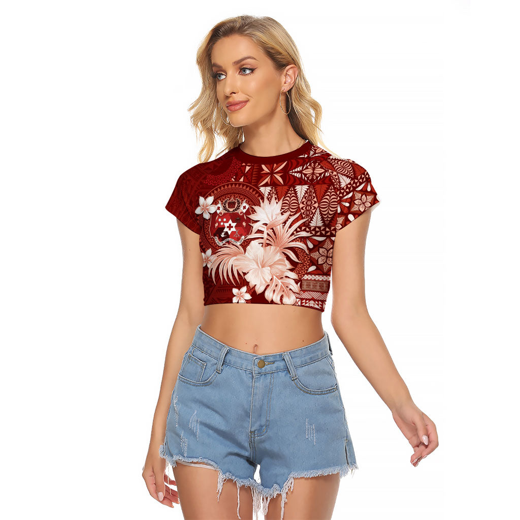 Tonga Ngatu Motifs Raglan Cropped T Shirt With Coat Of Arms Red LT05 Female Red - Polynesian Pride