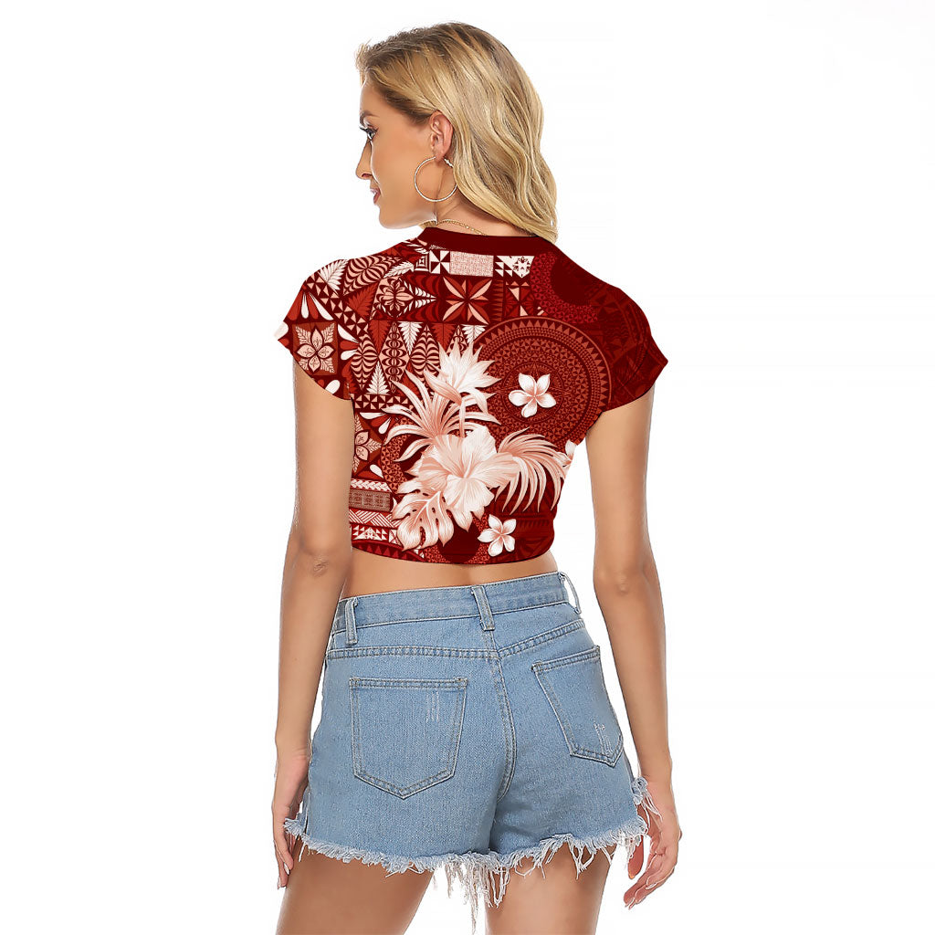 Tonga Ngatu Motifs Raglan Cropped T Shirt With Coat Of Arms Red LT05 - Polynesian Pride