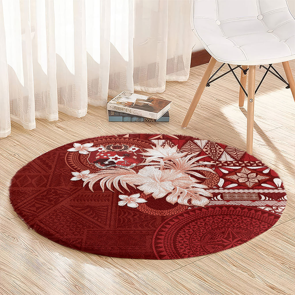 Tonga Ngatu Motifs Round Carpet With Coat Of Arms Red LT05 - Polynesian Pride