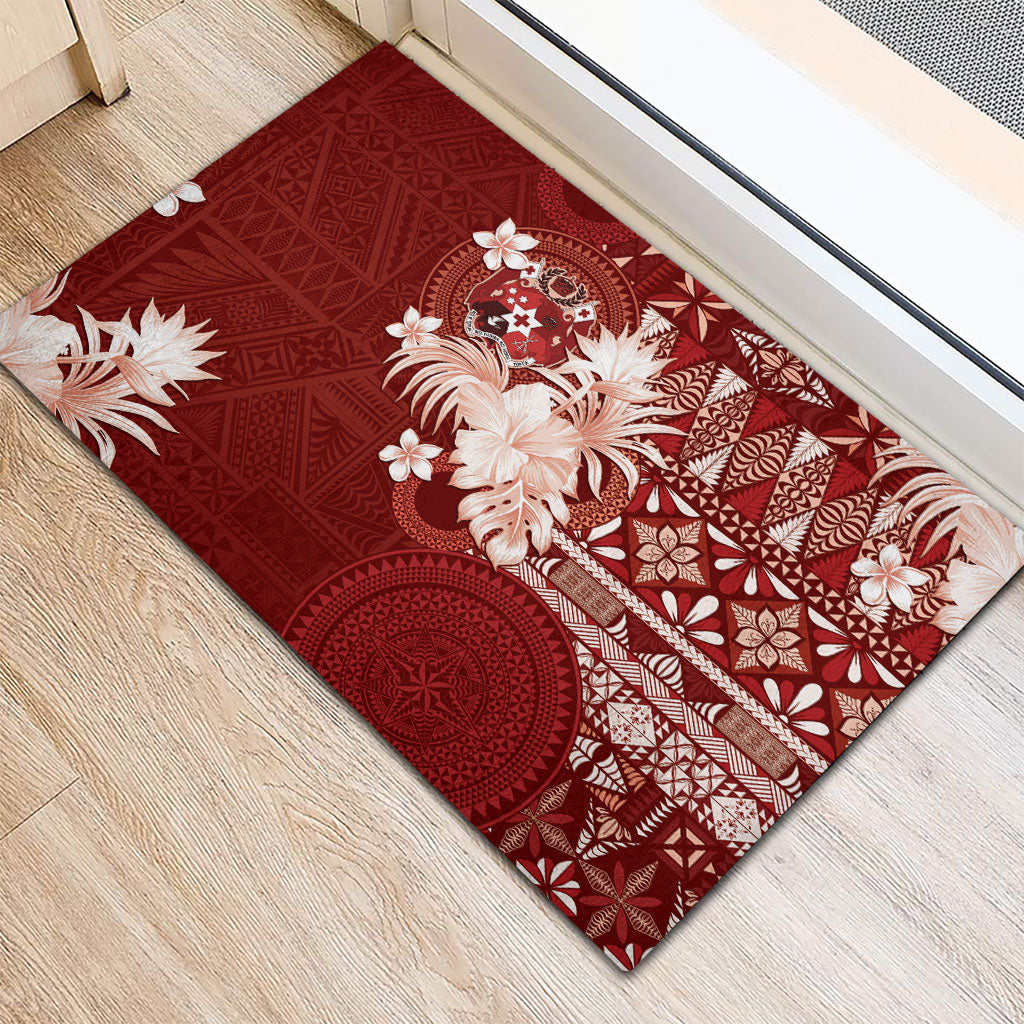 Tonga Ngatu Motifs Rubber Doormat With Coat Of Arms Red LT05 - Polynesian Pride