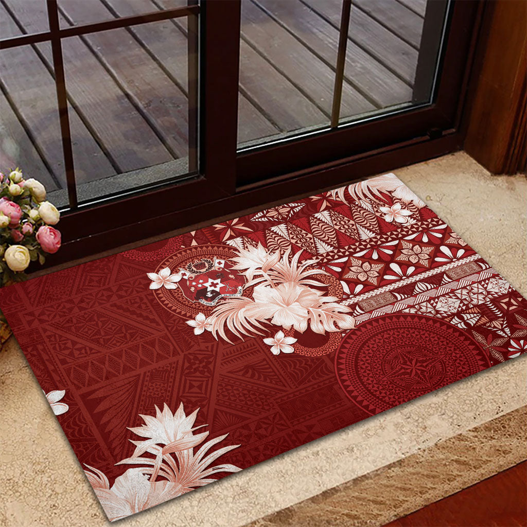 Tonga Ngatu Motifs Rubber Doormat With Coat Of Arms Red LT05 - Polynesian Pride
