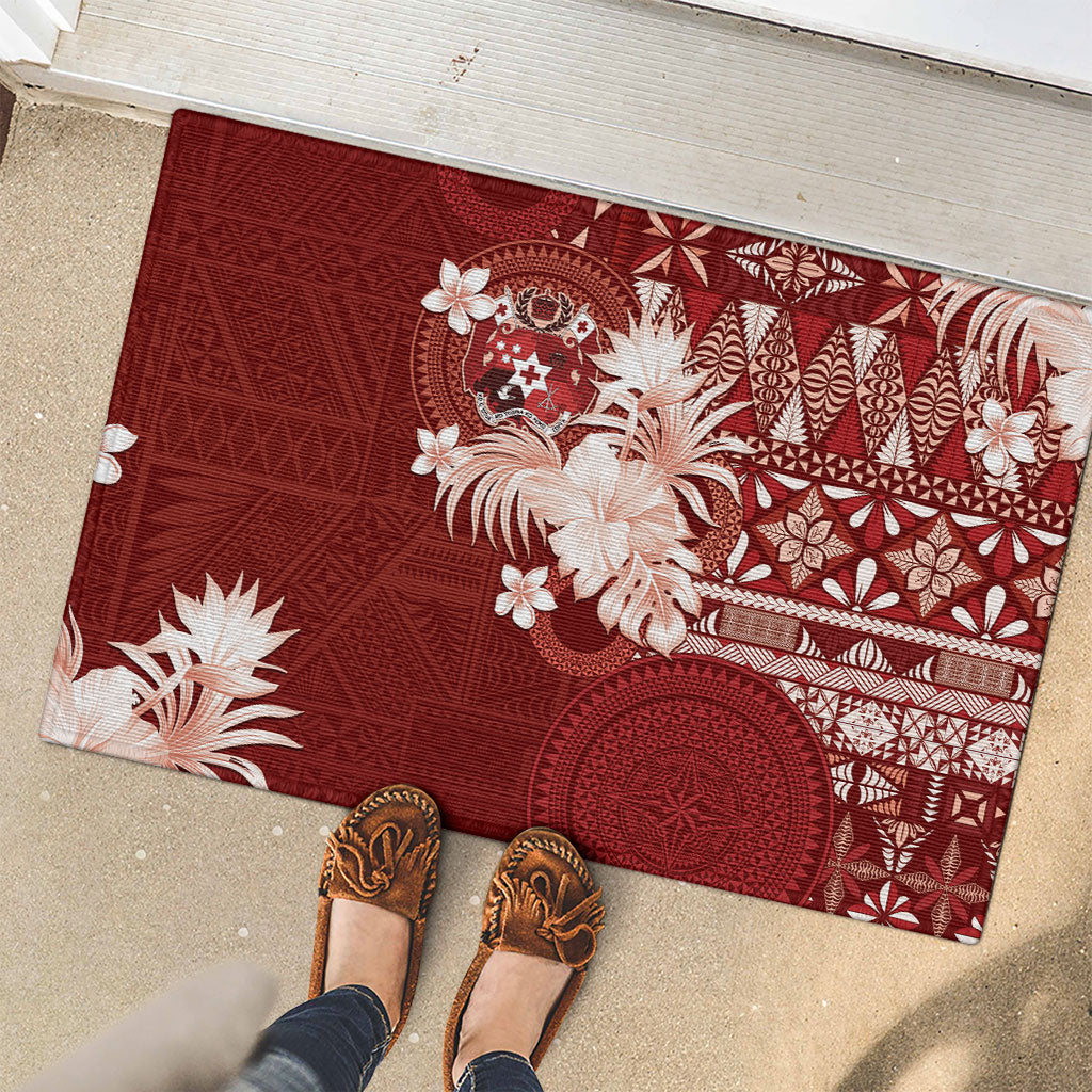 Tonga Ngatu Motifs Rubber Doormat With Coat Of Arms Red LT05 - Polynesian Pride